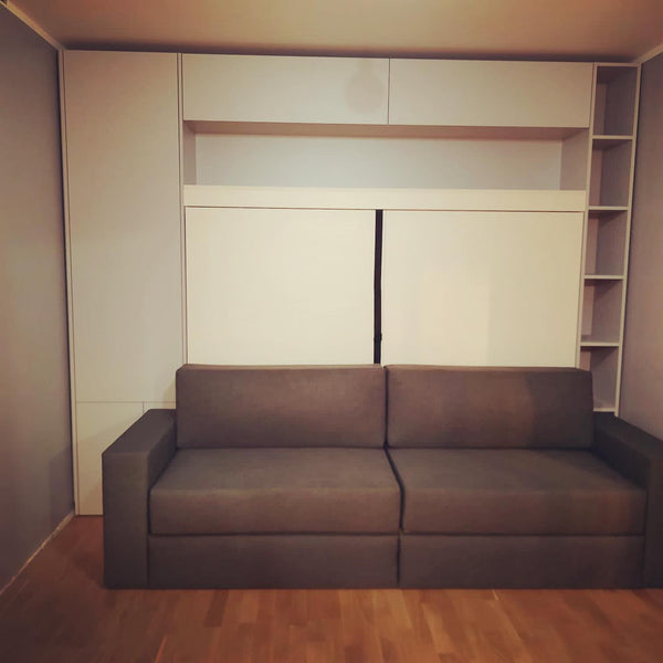 Jauns: Sienas gultas komplekti 140-160 x 200 cm matracim ar plauktu sistēmu un dīvānu