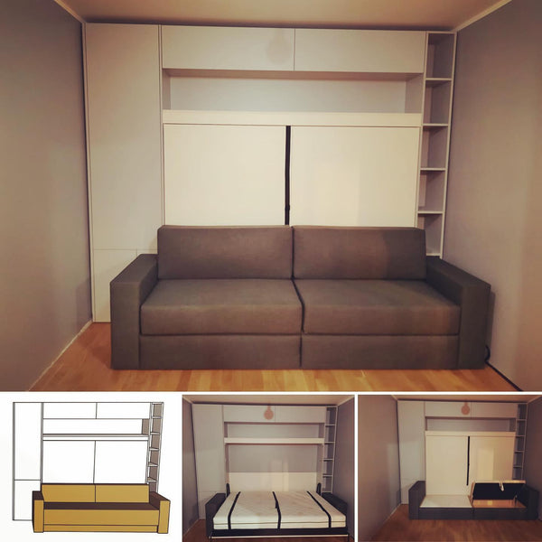 Jauns: Sienas gultas komplekti 140-160 x 200 cm matracim ar plauktu sistēmu un dīvānu