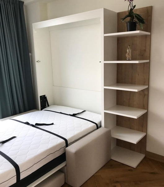 Jauns: Sienas gultas komplekti 140-160 x 200 cm matracim ar plauktu sistēmu un dīvānu