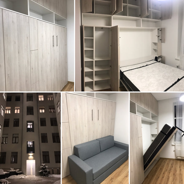 Jauns: Sienas gultas komplekti 140-160 x 200 cm matracim ar plauktu sistēmu un dīvānu