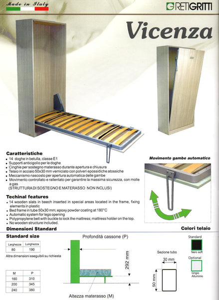 Vicenza wall-bed mechanism with bed frame, murphy bed mechanism