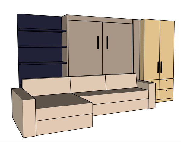 Jauns: Sienas gultas komplekti 140-160 x 200 cm matracim ar plauktu sistēmu un dīvānu