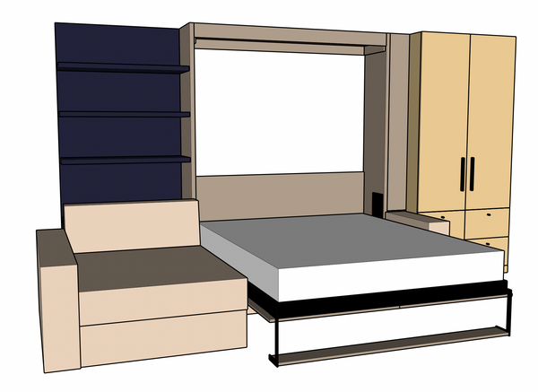 Jauns: Sienas gultas komplekti 140-160 x 200 cm matracim ar plauktu sistēmu un dīvānu