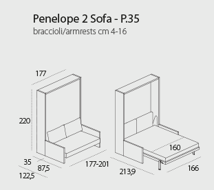 Penelope 2 sofa wall bed for 160 x 198 x 18 cm mattress