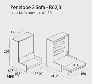 Penelope 2 sofa wall bed for 160 x 198 x 18 cm mattress