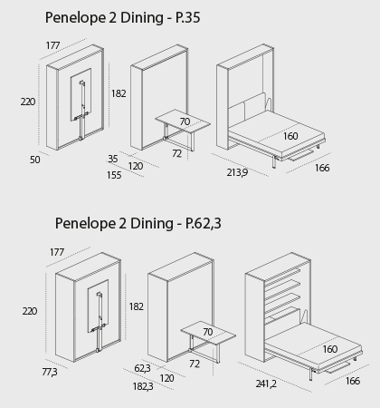 Penelope 2 dining wall bed for 160 x 198 x 18 cm mattress