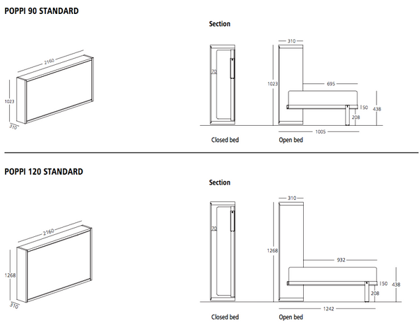 Poppi 90/120 horizontal wallbed by Clei, Italy