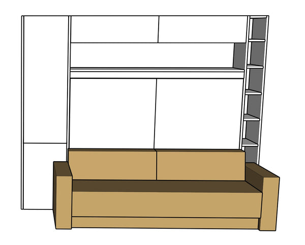Jauns: Sienas gultas komplekti 140-160 x 200 cm matracim ar plauktu sistēmu un dīvānu