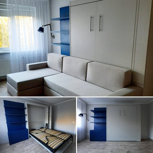 Jauns: Sienas gultas komplekti 140-160 x 200 cm matracim ar plauktu sistēmu un dīvānu
