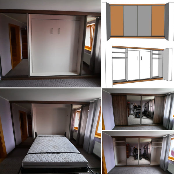 Jauns: Sienas gultas komplekti 140-160 x 200 cm matracim ar plauktu sistēmu un dīvānu